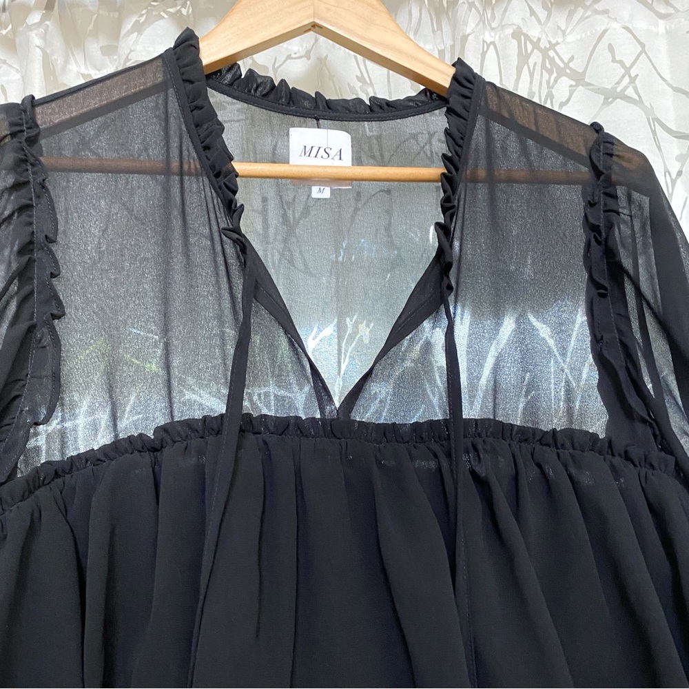 MISA Jazmine black tiered layered ruffle sheer short sleeve tassel neck dress - Picture 10 of 15
